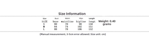 Detailed size chart table for backless sleeveless high slit maxi dress with measurements