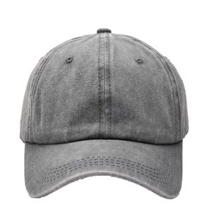 Detailed close-up of dark grey washed cotton baseball cap showing stitch texture and fabric