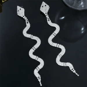 Elegant silver snake earrings with long crystal tassels and sparkling rhinestones