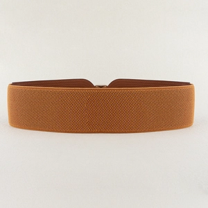 Detail of the brown woven texture and PU leather finish on this wide elastic waist belt