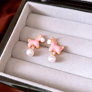 18K gold plated horse earrings with pink enamel and elegant white pearl pendants