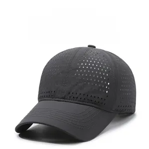 Detail of grey breathable mesh baseball cap featuring Narasan embroidery and laser-cut vents