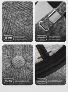 Détail de la casquette grise à chevrons montrant la boucle, les coutures et le bandeau