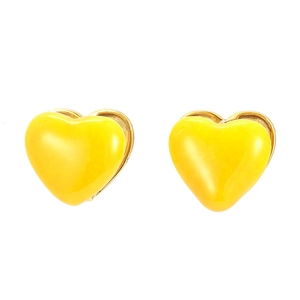 Close-up of yellow heart stud earrings with gold plating and vibrant enamel finish