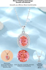 Close-up of oval pink cubic zirconia pendant with pavé setting on S925 silver necklace
