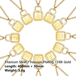 18K gold plated stainless steel initial lock pendant necklace set for women