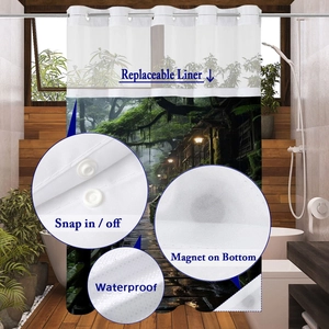 Detail of snap-in replaceable liner and weighted magnetic bottom on forest waffle shower curtain