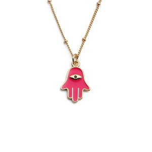 Golden Hamsa Hand necklace with pink enamel eye pendant on a clean white background