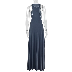 Detail of navy blue sleeveless long dress with racerback and ruched waist design