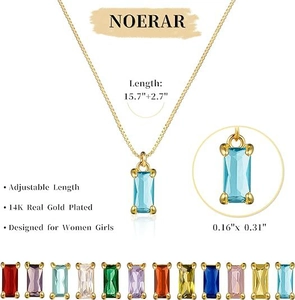 Detailed view of 18k gold birthstone necklace with colorful emerald cut gemstone charms