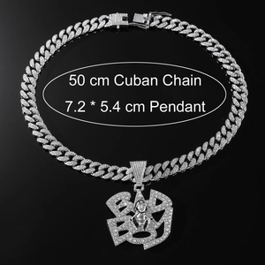 Hip hop silver Cuban chain necklace with iced out BAD BOY letter pendant and rhinestones
