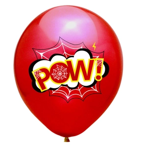 Close-up of red superhero party balloon with POW! text and white spider web graphics