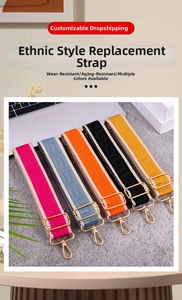 Close-up of durable ethnic style bag straps with gold hooks in five colorful patterns