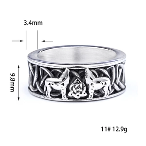 Detailed view showing 9.8mm width and 3.4mm thickness of Viking wolf ring