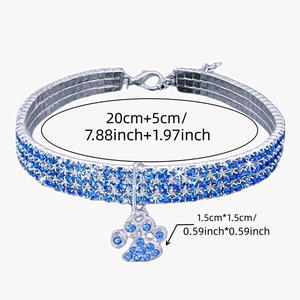 Blue rhinestone pet collar with paw pendant and detailed size specifications
