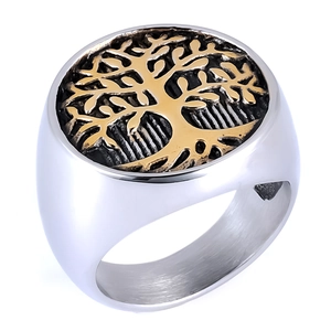 Detailed 45-degree angle of silver tree of life ring with golden embossed motif