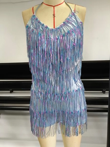 Detailed view of shimmering light blue fringe and sequins on this Latin dance tassel dress