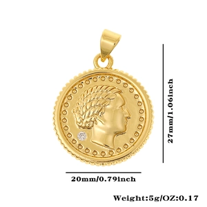 Detail view of 18K gold plated portrait coin pendant with dimensions 27mm by 20mm and 5g weight