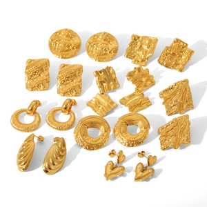 Collection of textured 18K gold stainless steel earrings with vintage geometric designs