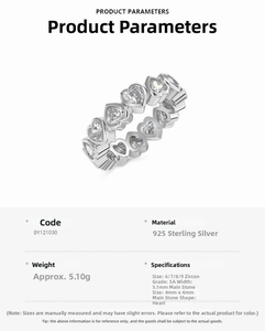 Detailed spec sheet for S925 sterling silver ring with 5A heart-shaped cubic zirconia stones