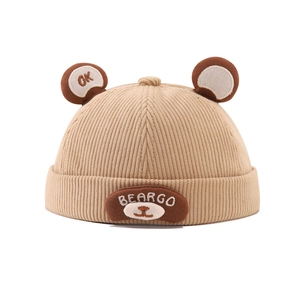 Cute khaki corduroy bear ears baby beanie with bear patch for autumn and winter warmth