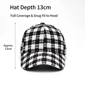 Women's plaid tweed baseball cap with black and white pattern and 13cm depth