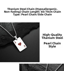 Macro detail of Ace of Hearts poker pendant necklace made of high-quality titanium steel