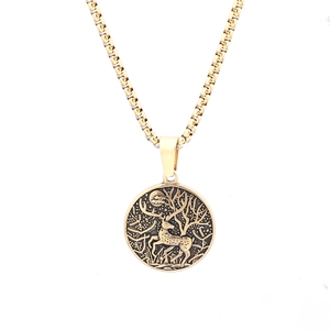 Vintage gold stainless steel necklace with forest deer and moon relief circular pendant