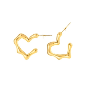 Bohemian style irregular heart earrings in gold plated stainless steel on white background