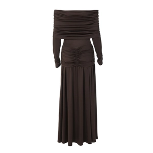 Detail of deep brown off-shoulder dress with elegant pleated knit fabric and long sleeves