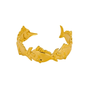 Artistic gold fish-shaped open bangle featuring detailed aquatic scales and textures