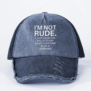 Detail of vintage washed blue baseball cap with distressed brim and slogan print