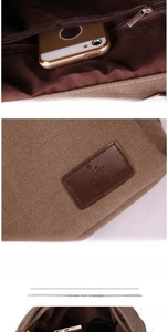 Detail view of coffee canvas backpack showing interior zipper pocket and leather logo patch