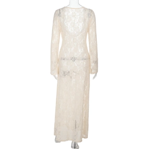 Detailed back view of long sleeve lace maxi dress with delicate hollow-out embroidery