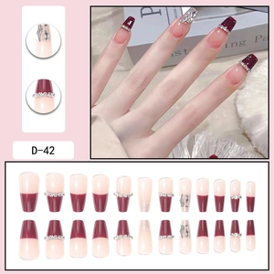 24pcs long coffin press-on nails with wine red French tips and rhinestone accents