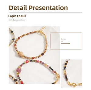 Detail of beaded bracelet with natural lapis lazuli stones and gold-plated spacers