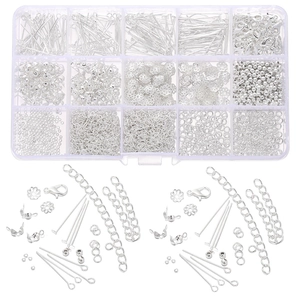 15-compartment gold and silver jewelry DIY findings kit with lobster clasps and open rings
