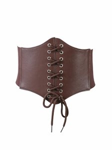 Detail view of brown corset belt with cross lacing and metallic silver eyelets
