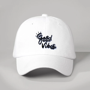 White cotton baseball cap with black Good Vibes script and adjustable brim design