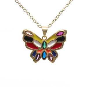 Bohemian gold butterfly pendant necklace with colorful enamel inlay and sparkling crystals