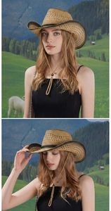 Detail of straw cowboy hat featuring hollow-out weave texture and adjustable chin strap