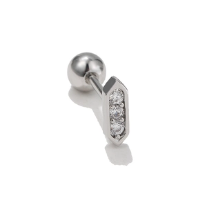Detailed view of silver geometric earring with three zircons and screw ball back