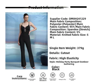 Detailed fabric info and size chart for black cutout jumpsuit with bow accessory