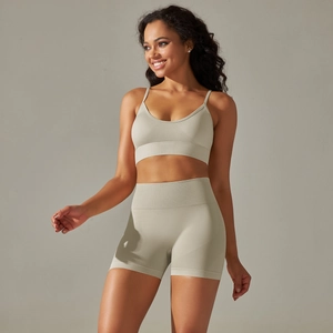 Seamless rib-knit yoga set with open back sports bra and high waist shorts in olive green