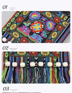 Detail of bohemian embroidery and colorful tassels on ethnic style crossbody bag