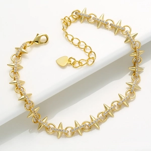 Starburst Spike Link Bracelet Brass Cubic Zirconia Pave Adjustable Heart Charm INS Style Jewelry For Women