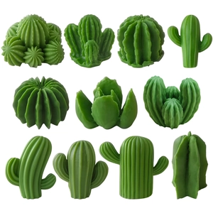 Variety of 11 green cactus silicone molds for DIY candles and resin crafts on white background