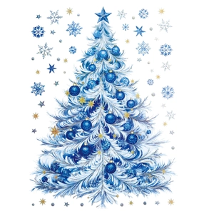 Blue Christmas tree window stickers with snowflakes and stars for holiday decor