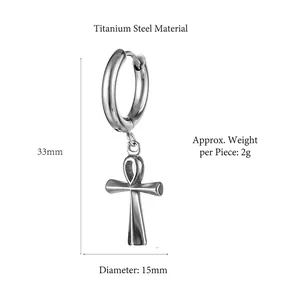 Silver titanium steel huggie hoop earrings featuring a vintage Ankh cross pendant