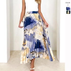 Women Abstract Oil Painting Printed Pleated Maxi Skirt High Waist A-Line Elegant Commuter Casual Flowy Long Skirt For Summer Vacation